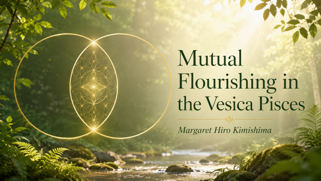 Forest light with a golden vesica piscis symbol representing Margaret Hiro Kimishima’s paper on peace, courage, and mutual flourishing.